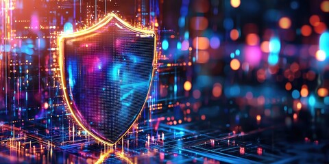 Poster - A digital shield, its edges shimmering with a spectrum of vibrant hues, stood sentinel in a futuristic cityscape, its glowing form a beacon of security and protection in
