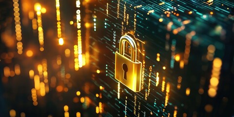 Poster - A digital lock icon, its metallic surface gleaming in the soft glow of the digital code background, stands guard over a data processing image, symbolizing the importance