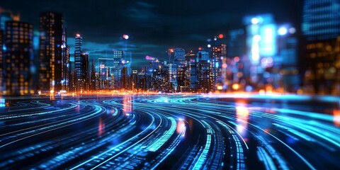 Fototapete - A futuristic cityscape, where sleek lines of blue wave curved across digital screens and presentations, illuminated by holographic projections. Articles, publications, an