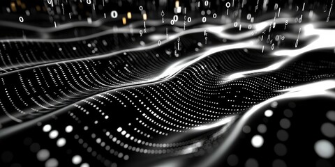 Poster - A canvas of swirling binary code, a symphony of black and white, as falling data streams from the digital ether, symbolizing the boundless potential of data and the impor
