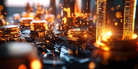 Poster - A futuristic cityscape of interconnected nodes, glowing with digital coins and intricate code, symbolizing the power and innovation of blockchain technology and its impac