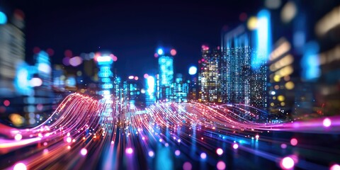 Poster - A futuristic cityscape, crafted from swirling lines and glowing dots of white, pulsates with an energy of innovation, a testament to the boundless possibilities of techno