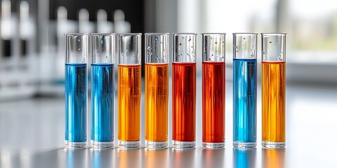 Aufkleber - A meticulously arranged row of clear test tubes, each containing a droplet of vibrant blue and red liquid against a backdrop of a bustling medical or science laboratory,