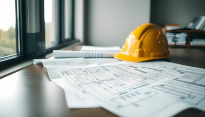 Wall Mural - architectural plans and helmet: a detailed display of architectural blueprints alongside a safety he