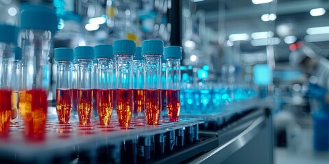 Aufkleber - A meticulously arranged row of clear test tubes, each containing a droplet of vibrant blue and red liquid against a backdrop of a bustling medical or science laboratory,