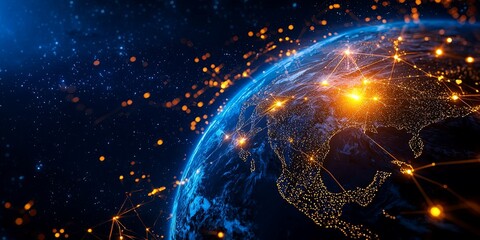 Fototapete - A mesmerizing tapestry of light, the Earth s surface at night, where interconnected nodes, representing global communication networks, illuminate the globe with vibrant h