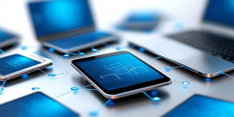 Fototapete - A network of interconnected devices like smartphones, laptops, and servers, forming a seamless web of data flow and communication.
