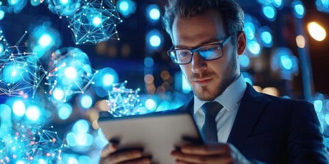 Poster - A businessman, clad in a sharp suit and glasses, meticulously encrypts sensitive business data stored on his tablet, securing his connection to the internet and ensuring