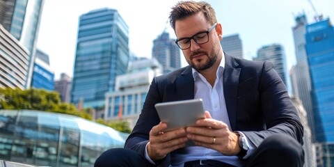 Aufkleber - A businessman, clad in modern attire, sits hunched over a digital device, his fingers tapping furiously on the sleek screen. He gazes intently at the vibrant cityscape un