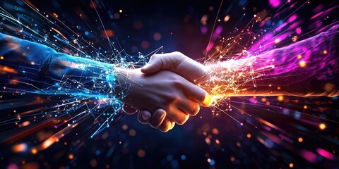 Aufkleber - A vibrant, digital tableau unfolds on a sleek, modern tablet. A stylized, glowing icon of a handshake, symbolizing partnership and growth, dominates the screen, connected
