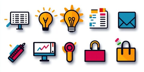 Aufkleber - A vibrant flat line icon set, featuring a variety of office and business-related objects, such as a computer, briefcase, phone, and light bulb, all neatly arranged on a c