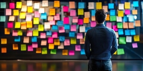 Leinwandbilder - A man stands in the shadow of a towering wall, its surface adorned with sticky notes, each a vibrant hue reflecting a thought or idea. His back to the camera, he embodies