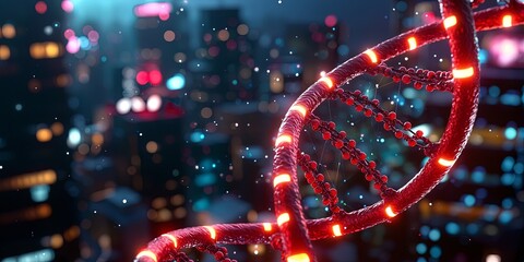 Fototapete - A double helix ladder of DNA, its rungs twisted and bound by nitrogen bases, against the stark backdrop of a dark, futuristic cityscape, symbolizing the intricate working