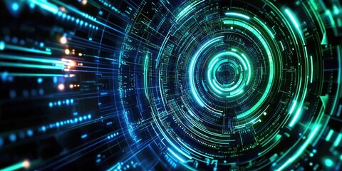 Wall Mural - a digital canvas of swirling blue and green circuits, connected by glowing lines, representing a com