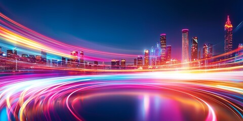 Leinwandbilder - A dynamic panorama, where streaks of vibrant light crisscross the backdrop of a futuristic cityscape, illuminated by an otherworldly luminescence, creating a captivating