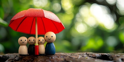 Aufkleber - A family of weathered wooden dolls, their faces etched with wisdom, huddled under a vibrant red umbrella, their eyes fixed on a hidden target. They were the protectors of