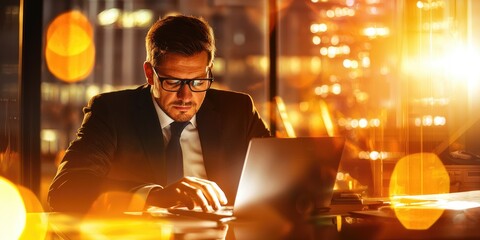 Aufkleber - In a dimly lit, minimalist office, a businessman, his brow furrowed in concentration, meticulously worked on his laptop, a symbol of modern hustle and the blurred lines b