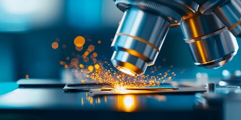 Poster - A close-up captures a metal lens, magnified to its full glory, peering into the depths of a microscope, a window into the unseen world of microscopic wonders.