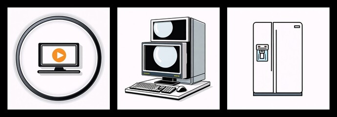 Fototapete - Three panels present a play button on a screen, a dual monitor computer setup, and a refrigerator. These are common household and electronic objects.