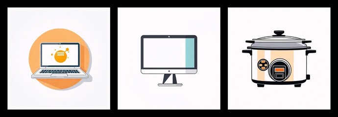 Fototapete - Three square icons present a laptop with a sun symbol, a desktop monitor, and an electric slow cooker on a white background.