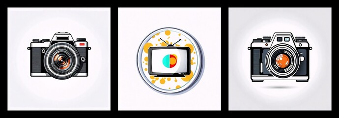 Aufkleber - Three icons depicting media and technology. Two vintage cameras flank a retro television set with a circular patterned background.