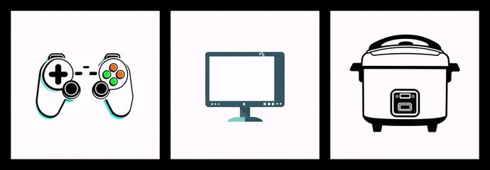 Poster - Three squares display a game controller, computer monitor, and rice cooker. Each object is in a simple black and white style.