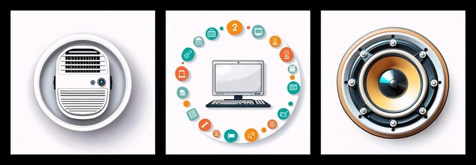 Poster - Three square icons in white circles with shadows depict a heater, a computer with info graphics, and a golden speaker, representing technology and equipment.