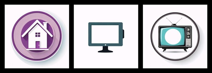 Aufkleber - Three icons displayed: a house in a purple circle, a computer monitor, and a vintage television inside a circle.  Simple, flat design style icons on a white backdrop.