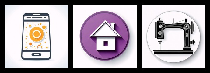 Poster - Three icons on white circles: a smartphone with a target, a purple house, and a black sewing machine, all against a white background.