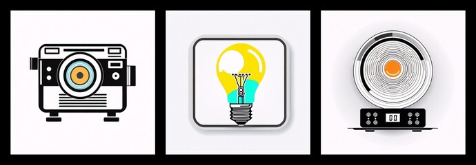Leinwandbilder - Three square panels show a projector, a light bulb, and a record player in a graphic style.  Black, white, yellow, blue, gray, and orange colors are present.