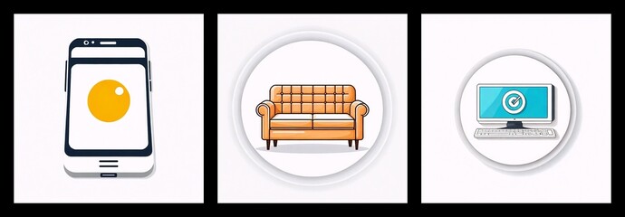 Poster - Three icons depict modern life elements: a mobile phone, a comfortable sofa, and a desktop computer setup, representing digital connectivity and home relaxation.