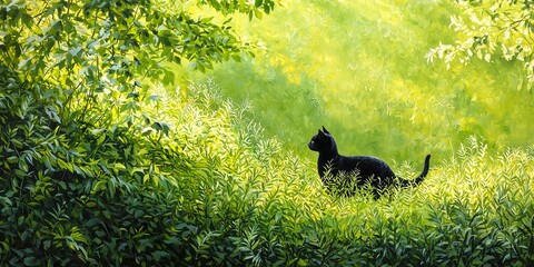 Canvas Print - seamlessly merging into the landscape, a sleek black cat gracefully moved through the tall, swaying 