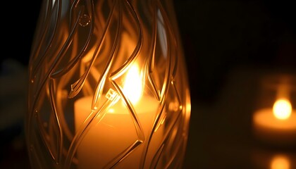 Wall Mural - close up of a lit candle in a glass vase