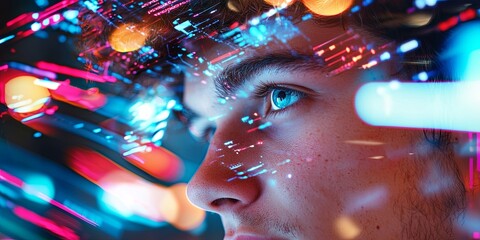 Canvas Print - a young man, his face illuminated by the glow of an augmented reality hologram, navigates the sleek 