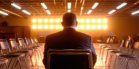 Poster - A lone silhouette of a business person in a formal suit, their head bowed in deep concentration, illuminated by the soft glow of fluorescent lights, as they navigate the