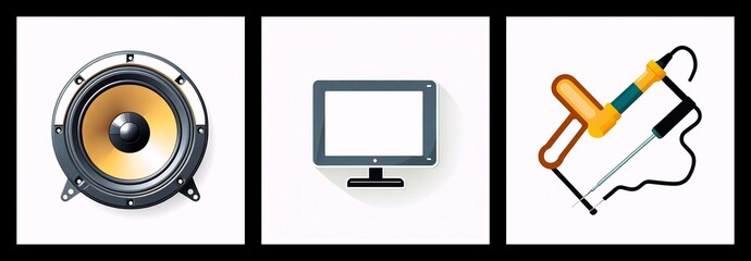 Fototapete - Three panels display audio, visual, and soldering icons.  A speaker, a monitor, and a soldering iron represent sound, display, and electronics work.