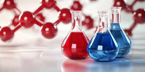 Fototapete - A vibrant blue and red glass flask, vial, and chemical structure, symbolizing the intricate workings of research and medical science, stands as a testament to the power o