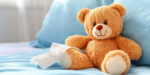 Aufkleber - A plush teddy bear, its fur tinged with the hues of worry, lay nestled beside a bandaged hand, a silent testament to an injury s gentle touch.