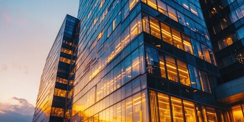 Aufkleber - A sleek, glass-clad modern business center, its windows reflecting the city lights like a jeweled crown, stands illuminated under a velvety twilight sky, a symbol of prog