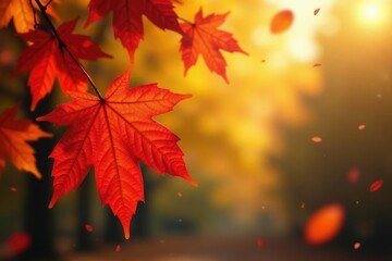 Wall Mural - Distorted, blurred autumn leaves creating a late-season design, red, background