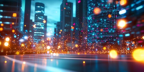 Poster - A futuristic cityscape of interconnected nodes, where data flows like a river, carrying queries, analyses, and visualizations. Neural networks hum in the background, proc