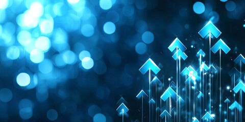 Fototapete - A vibrant azure canvas, dotted with an array of sleek, upward-trending arrows, their points intertwined like a chain of ambition reaching for the sky, signifying growth a