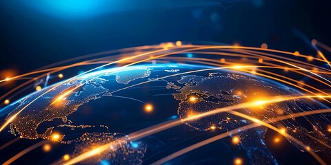 Poster - A vibrant global map, where points of interconnected lines represent the pulse of international trade and communication, capturing the essence of global business in a dyn