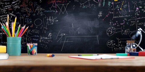 Fototapete - A sleek black chalkboard, adorned with intricate mathematical equations, stands ready to unravel the complexities of science and algebra.