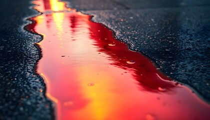 Wall Mural - red puddle of water on a wet road