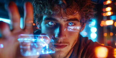 Canvas Print - a young man, his eyes reflecting the future, navigates a sleek device, his fingers hovering over the