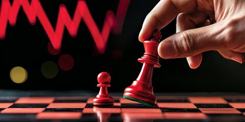 Leinwandbilder - A chessboard, its squares representing the financial markets, lay before a shrewd businessman, whose hand rested on the knight, a symbol of strategic investment. Above, a