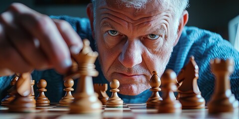 Leinwandbilder - A chess grandmaster, his brow furrowed in concentration, expertly placed the final piece on the checkered board, his eyes gleaming with the strategic brilliance of the mo