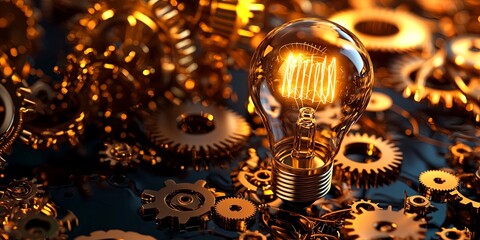 Leinwandbilder - A brilliant lightbulb, its filament glowing, is surrounded by intricate cogs and gears, symbolizing the intricate process of ideation and development that drives innovati