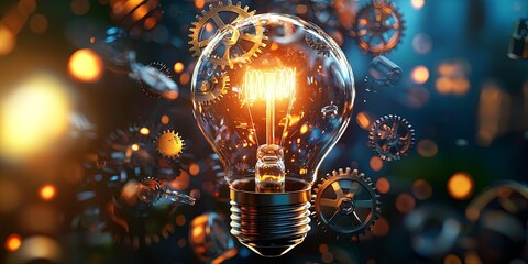 Poster - A brilliant lightbulb, its filament glowing, is surrounded by intricate cogs and gears, symbolizing the intricate process of ideation and development that drives innovati